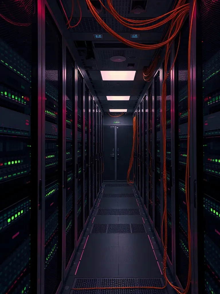 Professional dark server room with golden fiber optic cables