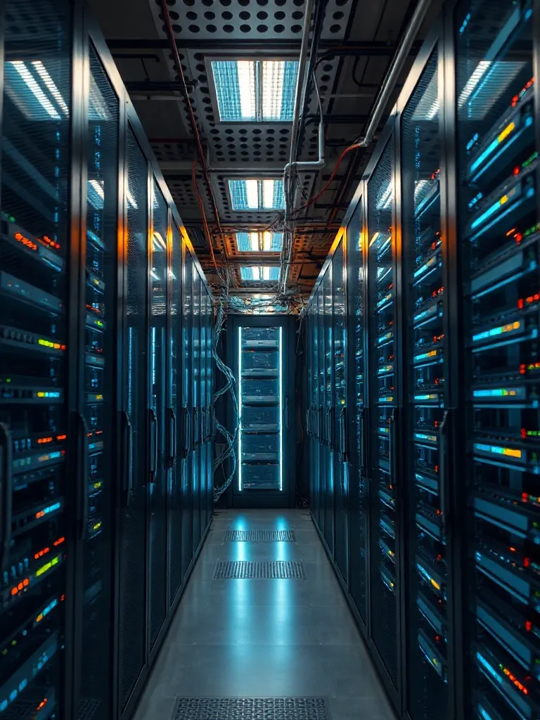 High-tech server room with glowing fiber optic cables and sl